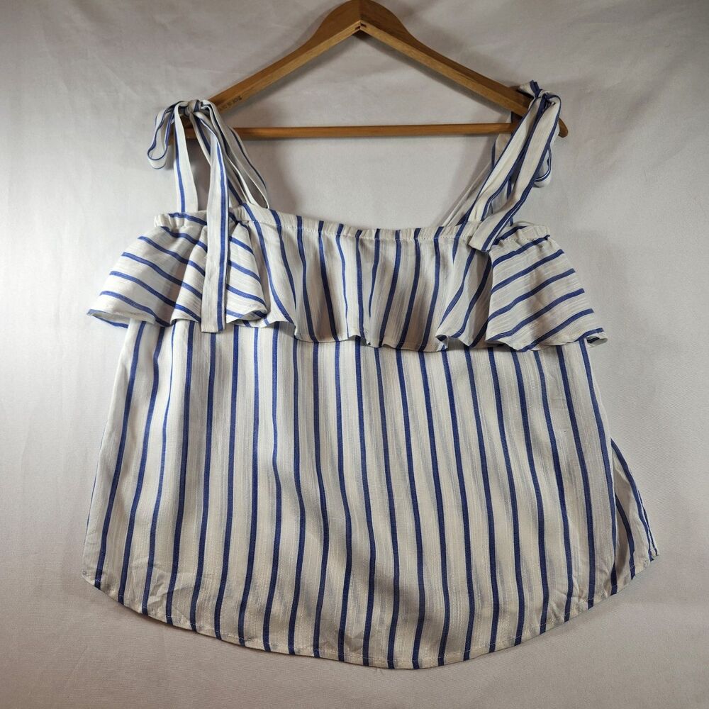 Staccato Womens Blue White Stripe Camisole Tank Top Tie Straps Ruffle Size Med